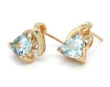 14kt Yellow gold Trillion aquamarine and diamond stud