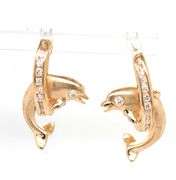 14kt Yellow gold diamond dolphin Jumping hoop earrings
