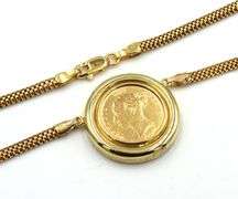 18kt Yellow gold Coin bezel pendant on mesh necklace