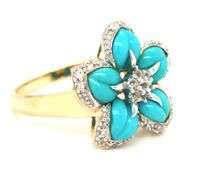 14kt Yellow gold turquoise and white topaz flower ring