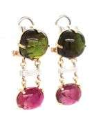 14kt Yellow gold Green and pink tourmaline cab earrings