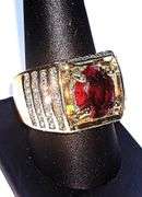 Impressive Mens 14 Kt Yellow Gold Plated 4.5 Ct Lab Simulated Ruby Diamond Ring