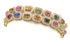 Jaw Dropping 19.00CTW Oval Multi Color Cabochon-Cut Tourmaline & 4.00CTW Diamond Bracelet in 14K Yel