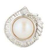 Button Pearl and 0.90ctw Baguette Abstract Frame Ring in 18K