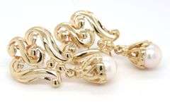 14kt Yellow gold 7-7.5mm Pearl drop swirl dangle earrings