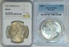 Pair of nearly Gem BU 1921 Morgan Silver Dollars. PCGS & NGC MS64's