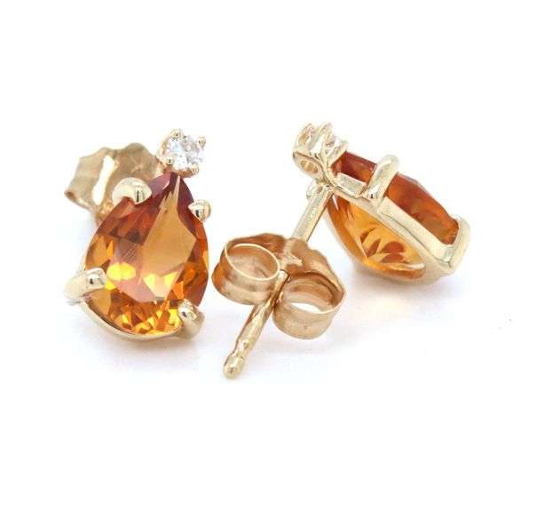 14kt Yellow gold pear shaped Citrine and diamond accent stud earrings
