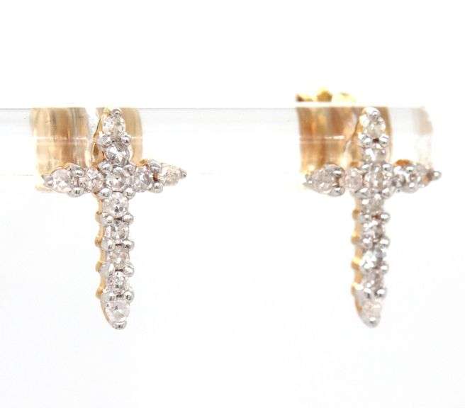 10kt Yellow gold diamond accent cross stud earrings