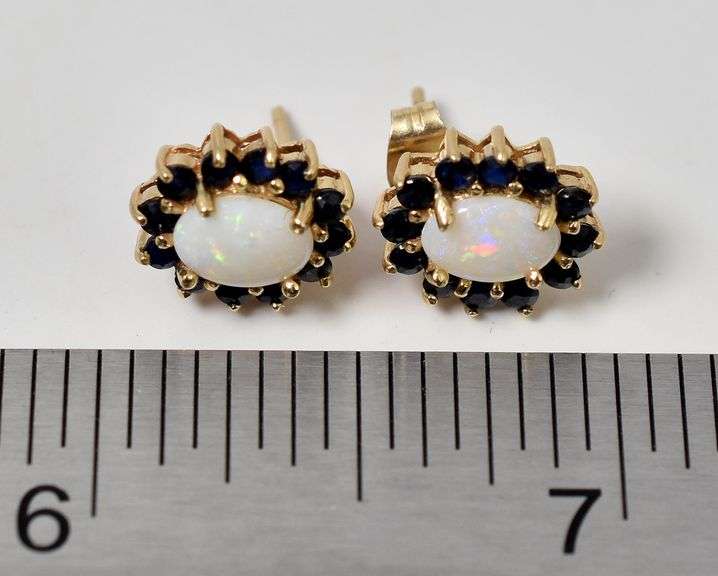 Colorful 14K Yellow Gold Opal and Blue Sapphire Gemstone Stud Earrings