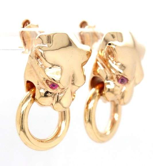 18kt Yellow gold Panther ruby eyes earrings