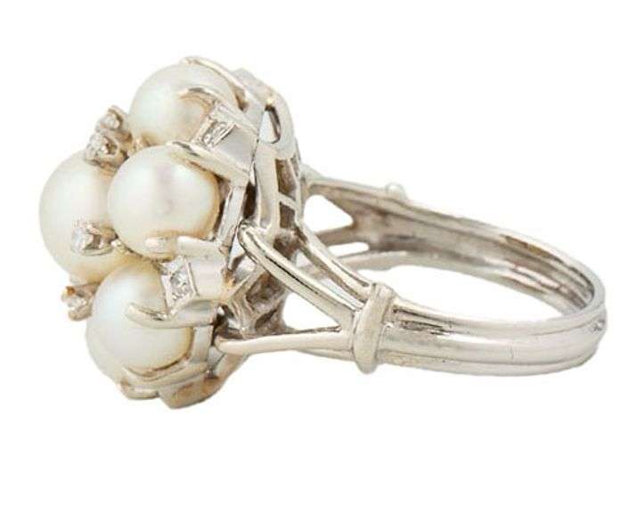 Antique Pearl and 0.35ctw Diamond Cluster Ring in 14K
