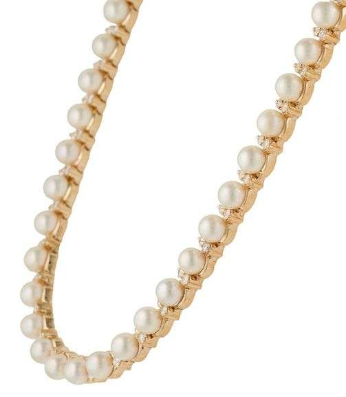 POM 1.80ctw Diamond and Pearl Station Tennis Necklace in 14K