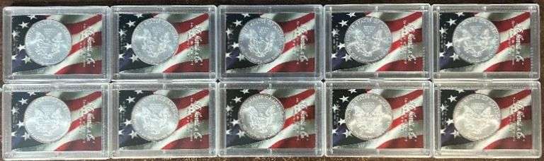 Super lot of Ten (10) Gem BU $1 Silver Eagles: 5 2009 & 5 2010 in Custom Holders