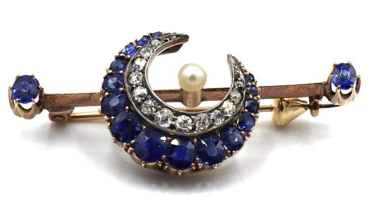 Antique 2.10ctw sapphire, diamond and pearl moon brooch