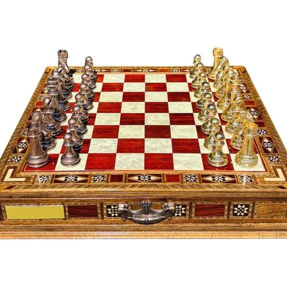 Luxury Chess Set with Metal Pieces and Wooden Storage Board