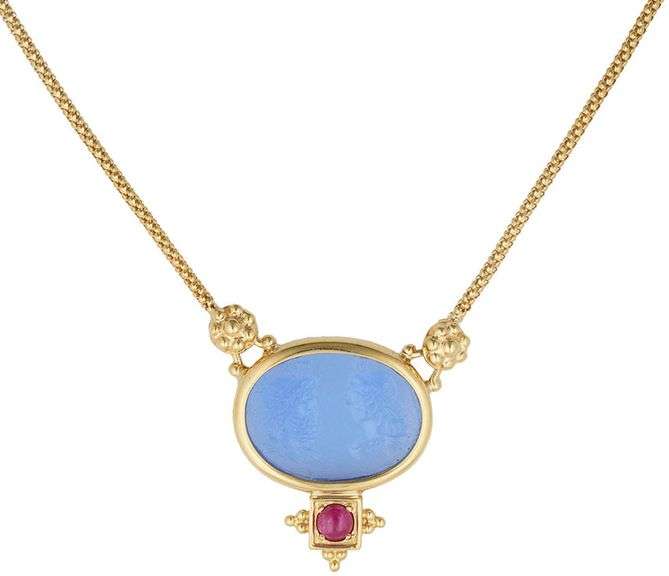 Blue Intaglio Glass and Red Ruby Cabochon Heirloom Pendant Necklace in 18K