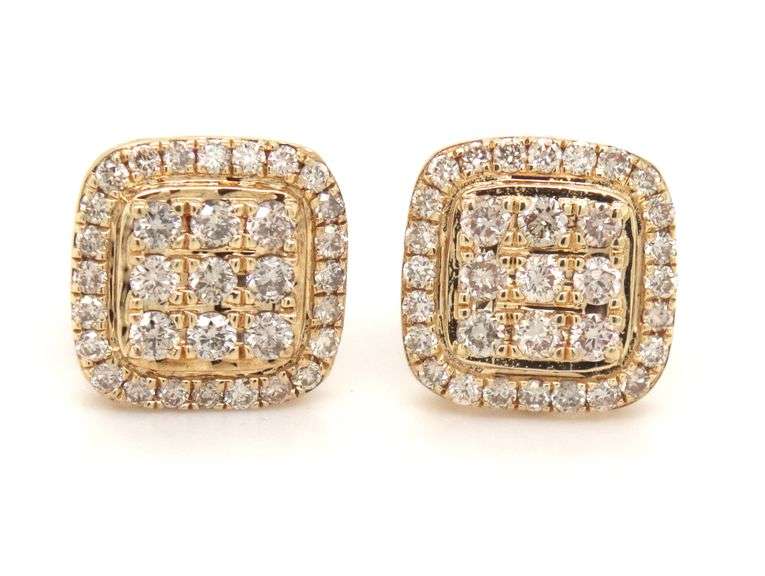 10kt Yellow gold 0.50ctw Square halo diamond cluster stud earrings