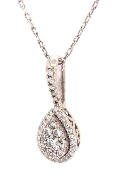 14kt White gold 0.36ctw double halo cluster teardrop pendant on chain