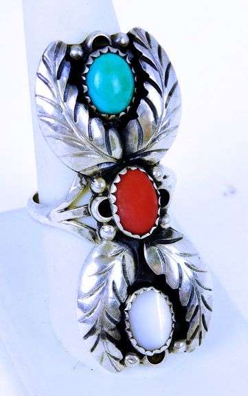 Native American Ornate Sterling Gemstone Ring, 8.5