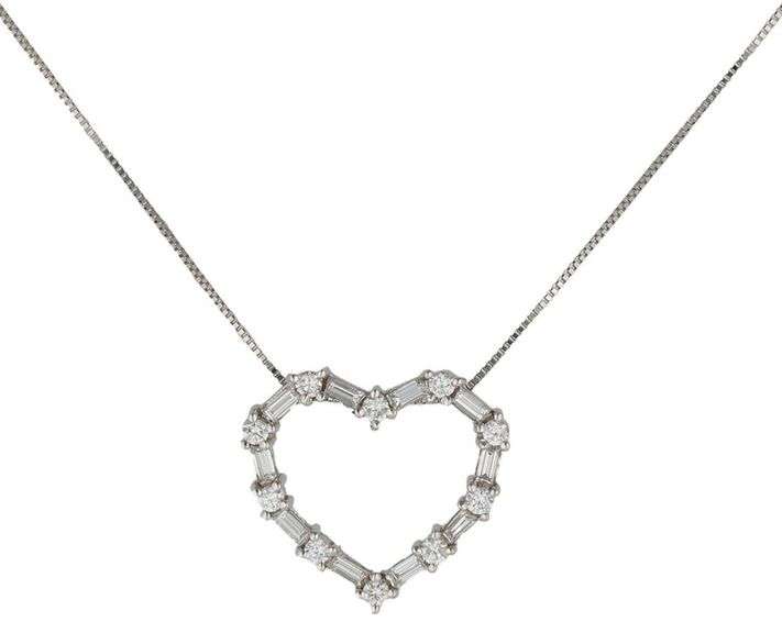 0.70ctw Baguette and Round Diamond Open Heart Pendant Necklace in 14K