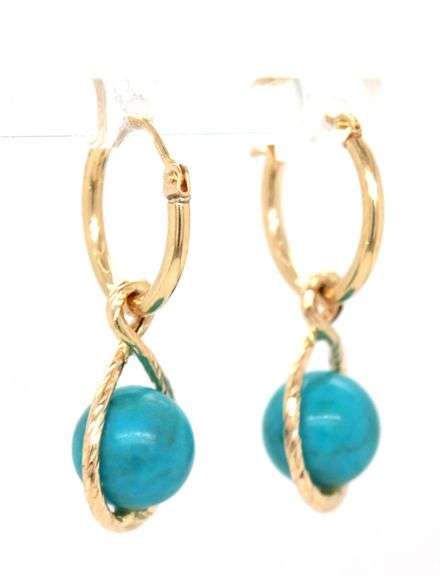 14kt Yellow gold turquoise dangle bead earrings
