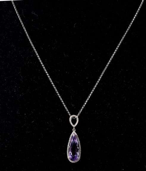 Beautiful 14K White Gold Amethyst Gemstone and Diamond Pendant Necklace