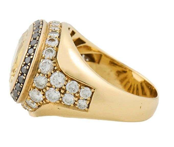8.0ct Oval Cut Yellow Sapphire and 1.55ctw Black and White Diamond Statement Ring in 18K
