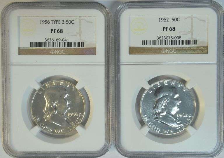 Pair of nearly perfect NGC PR68 Franklin Half Dollars from 1956 & 1962