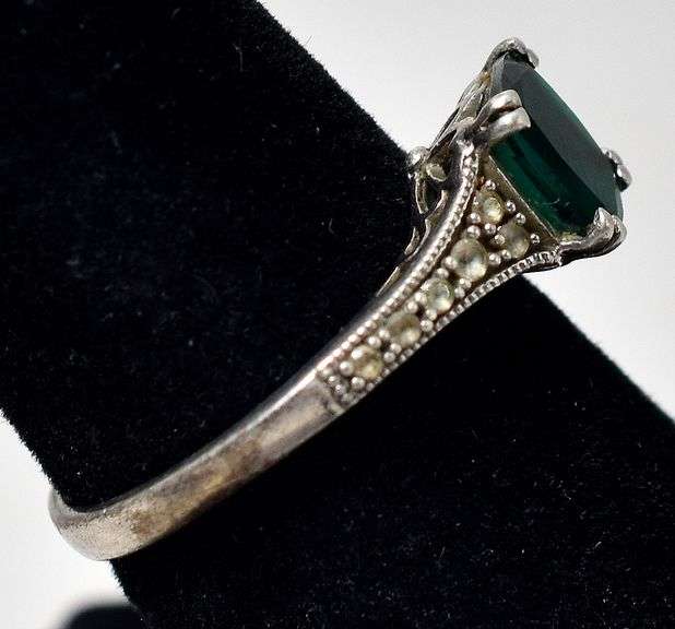 Green Gemstone and CZ Gemstone Ring in Sterling Silver