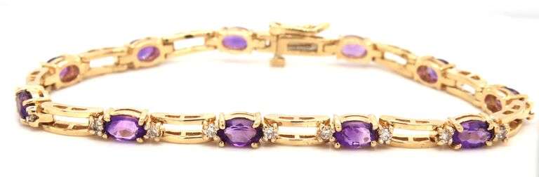 14kt Yellow gold oval amethyst and diamond station bracelet