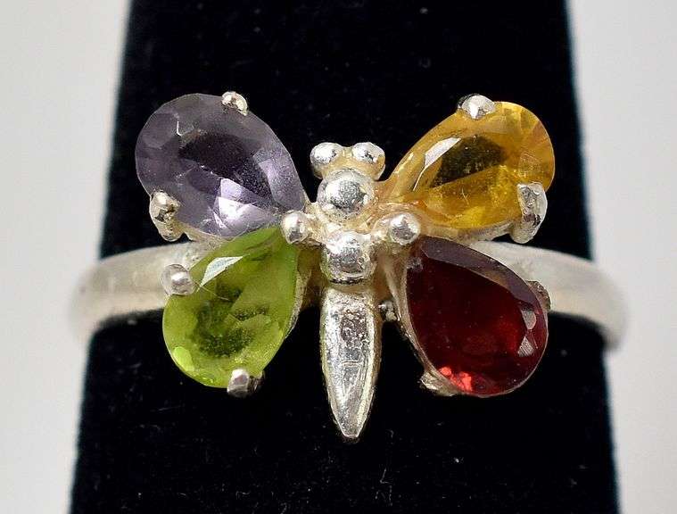 Multi-Gemstone Butterfly Designed Ring  in Sterling Silver
