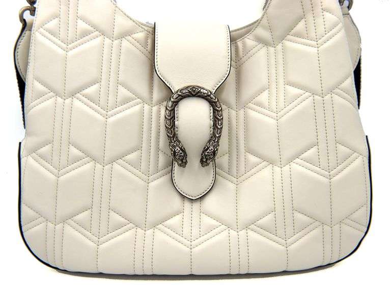 GUCCI, White Dionysus Hobo Leather Large Shoulder Bag with Web Strap