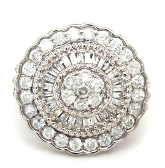 10kt White gold 2ctw round and baguette halo diamond cluster ring