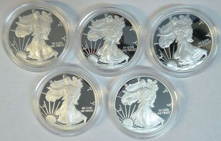 2002, 2 2005, & 2 2010 Gem Cameo Proof $1 Silver Eagles in velvet boxes