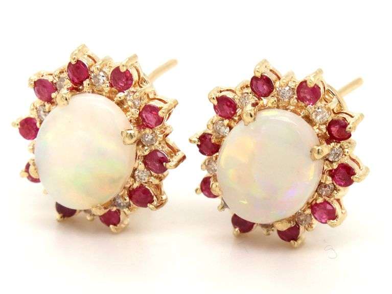 14kt Yellow gold oval opal and diamond and ruby halo earrings