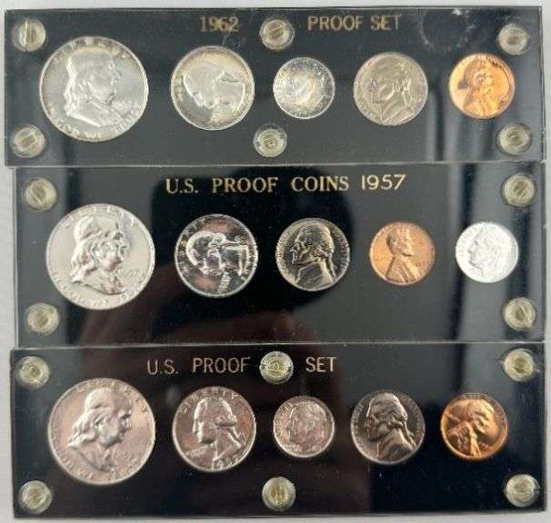 1957 US Mint Silver Proof Set 5 coins acrylic holder lot of 3