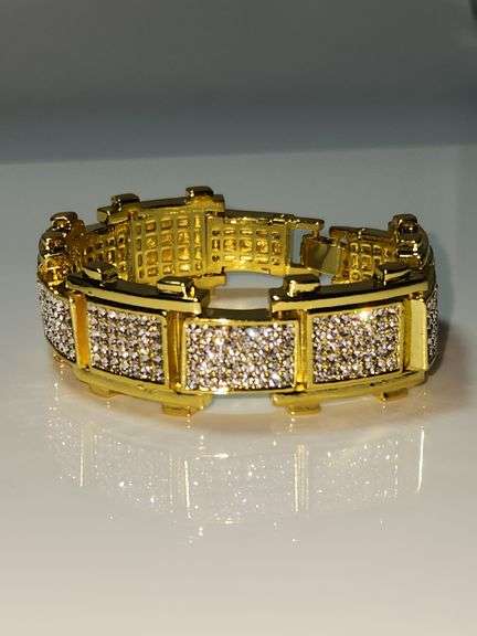 Huge 95.4 Gram Brilliant 14 K Yellow Gold Plated 35 Ctw Simulated Diamond Link Bracelet
