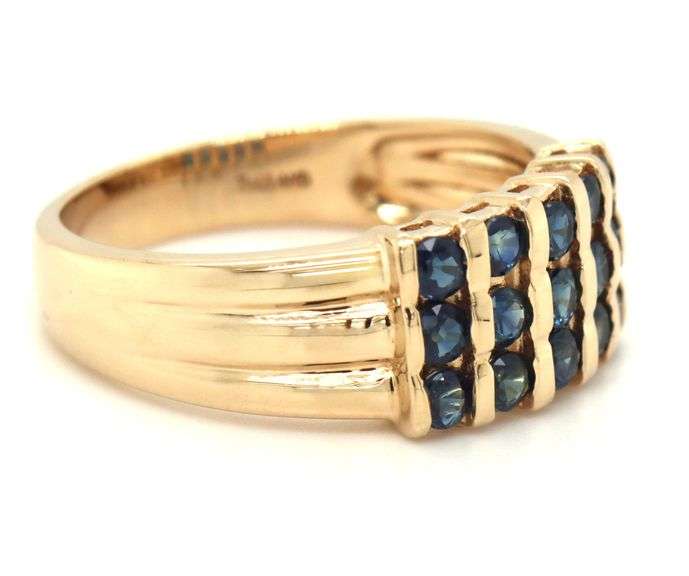 14kt Yellow gold 5 row round blue sapphire cluster ring