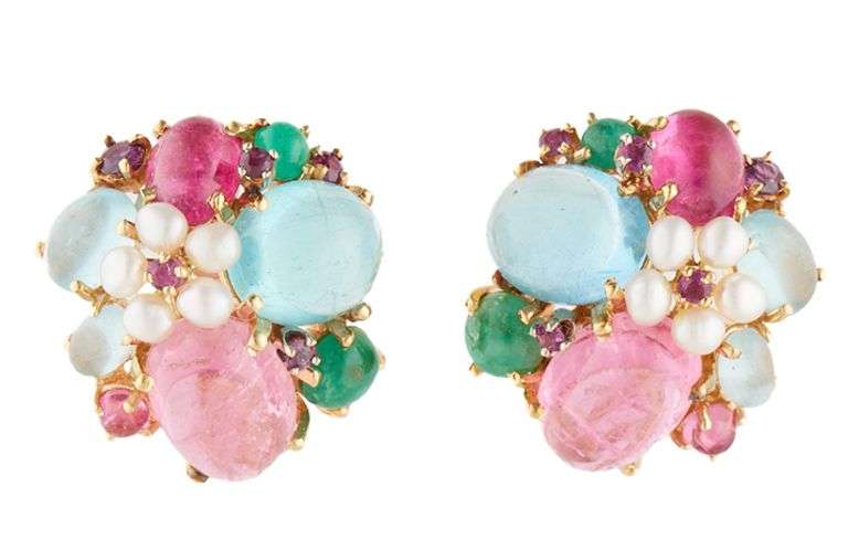 Multi-Colored Gemstone and Seed Pearl Omega Back Earrings in 14K