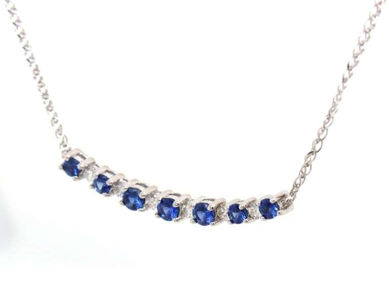 14kt White gold diamond and blue sapphire bar pendant necklace