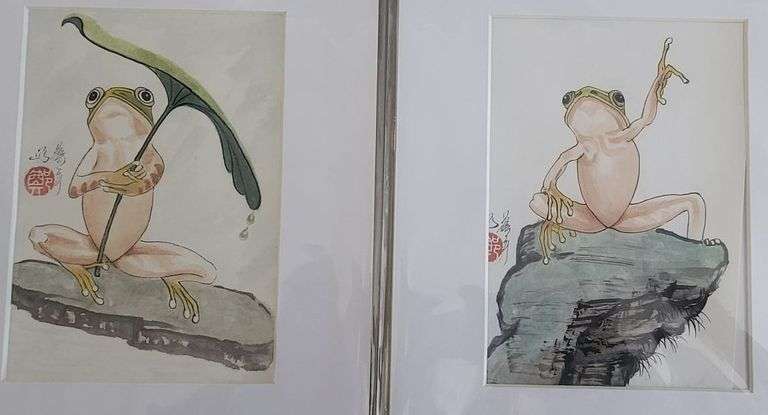 Collection of 2 original painting by Ping Zheng hand signed. Frogs
