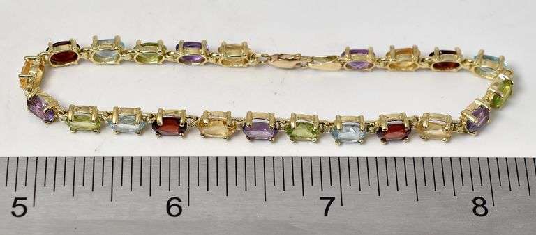 Colorful 10K Yellow Gold Amethyst, Citrine, Garnet, Peridot, and Topaz Gemstone Bracelet