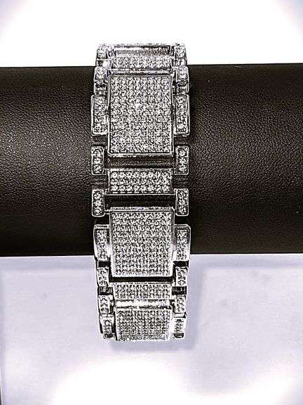 Huge 120 Gram Sparkling 18 Kt White Gold Plated Saratoga Link Bracelet