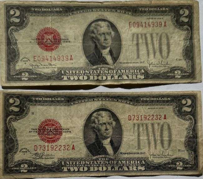 1928 F G Red Seal $2 US Notes