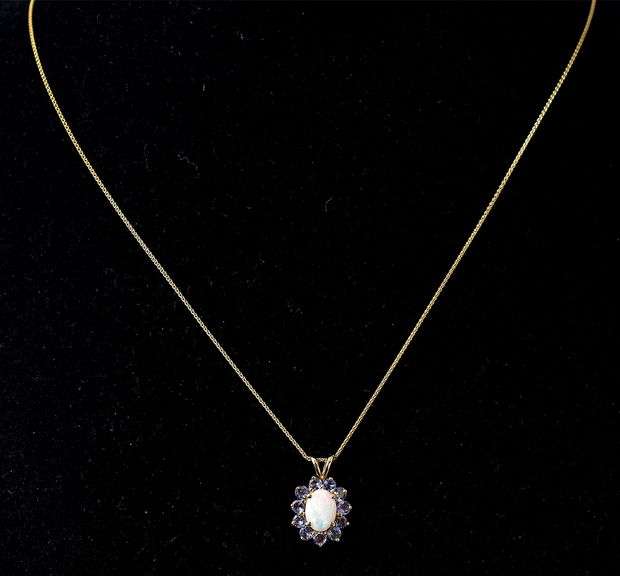 Pretty 14K Yellow Gold Opal and Amethyst Gemstone Pendant Necklace