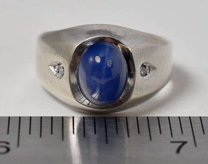Stunning 14K White Gold Star Sapphire Gemstone and Diamond Men's Ring