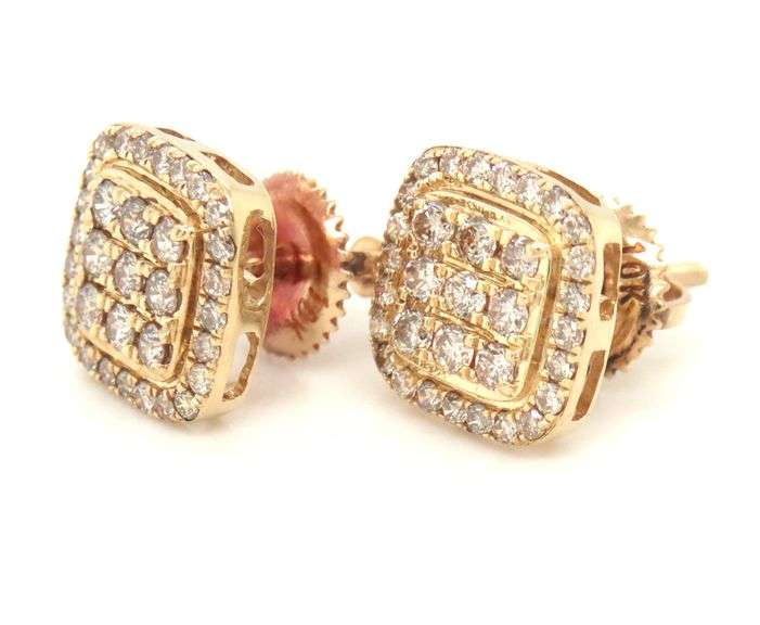 10kt Yellow gold 0.50ctw Square halo diamond cluster stud earrings