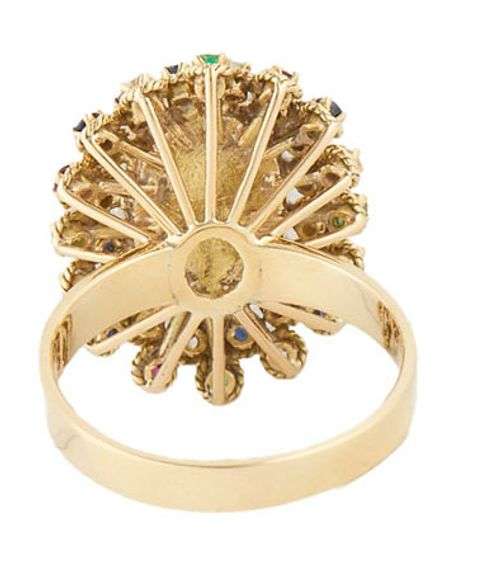 Oval Opal Cabochon and Multi-Gemstone Double Frame Cocktail Ring in 14K