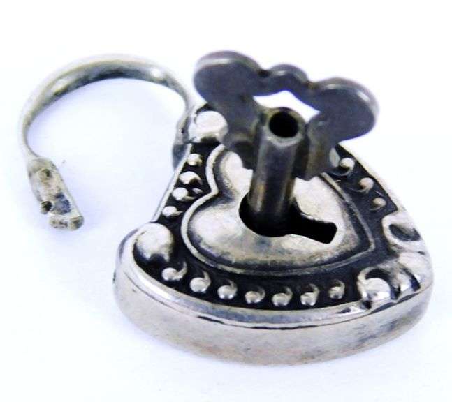 Antique Sterling Silver Repousse Padlock Heart with Key