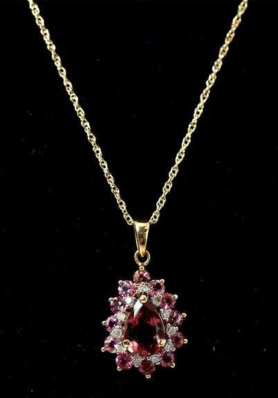 Stunning 14k Yellow Gold Pink Tourmaline and Diamond Pendant Necklace